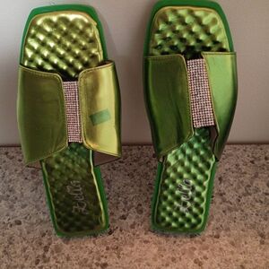 Zella Metallic Lime Green Slide Sandals with Rhinestone Accent